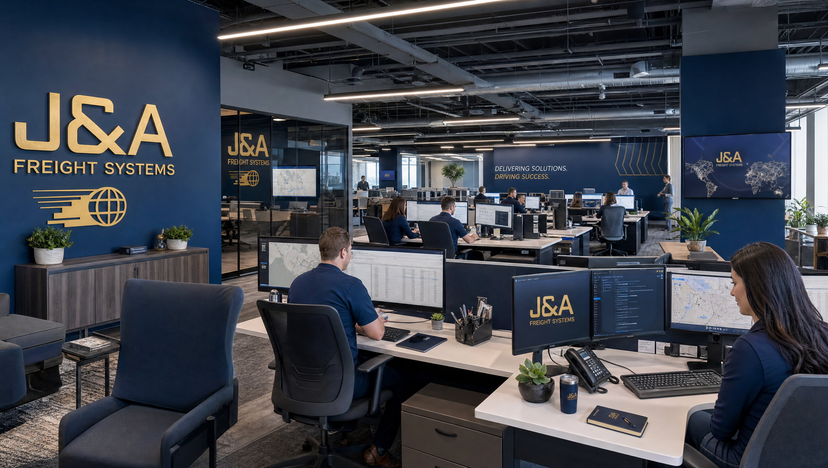 J&A Freight Systems team collaborating at workstations with freight tracking monitors