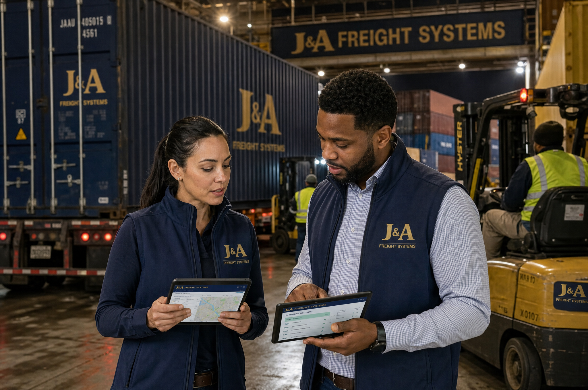 J&A Freight Systems logistics professionals reviewing freight data on iPads at a shipping dock